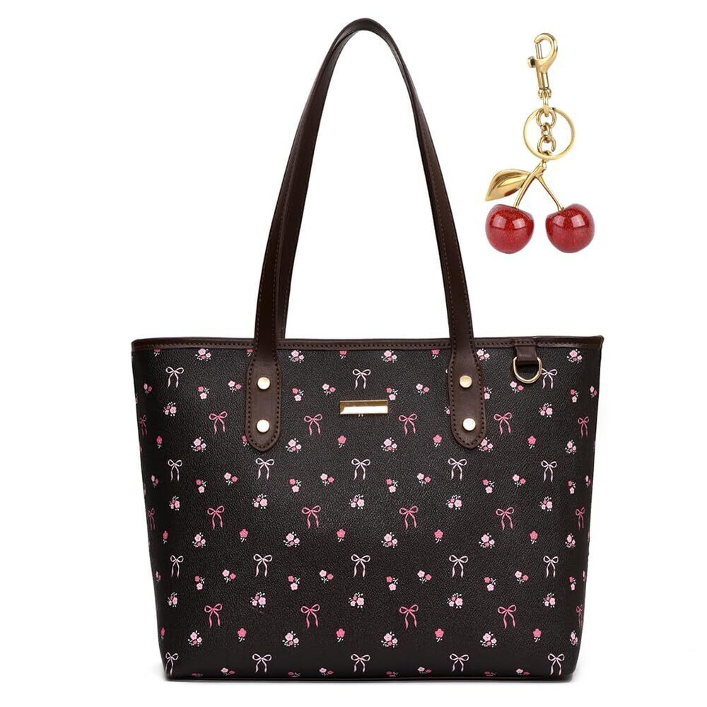 4264 Cherry Print Tote Bag Bow Shoulder Handbag Trendy Faux Leather